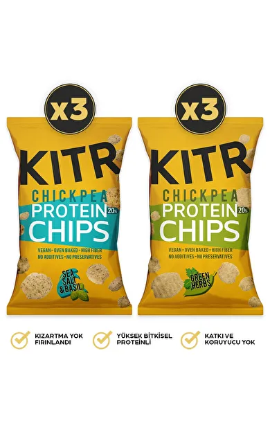 KITR 6'lı Sebze Yeşillikleri Çeşnili &amp; Deniz Tuzlu Ve Fesleğenli Yüksek Proteinli Nohut Cipsi 6x50g